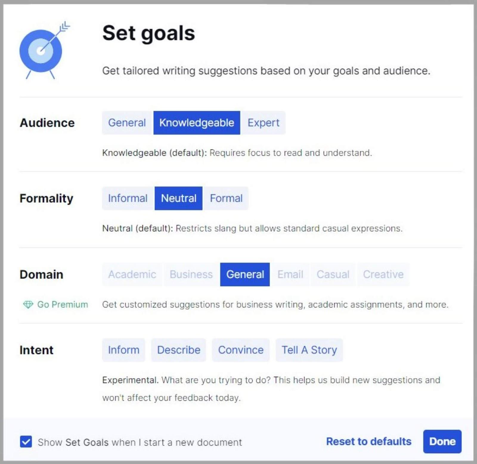 Setting content goals on Grammarly