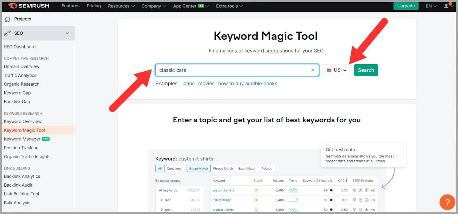Semrush Keyword Magic Tool gives you access to free keyword research