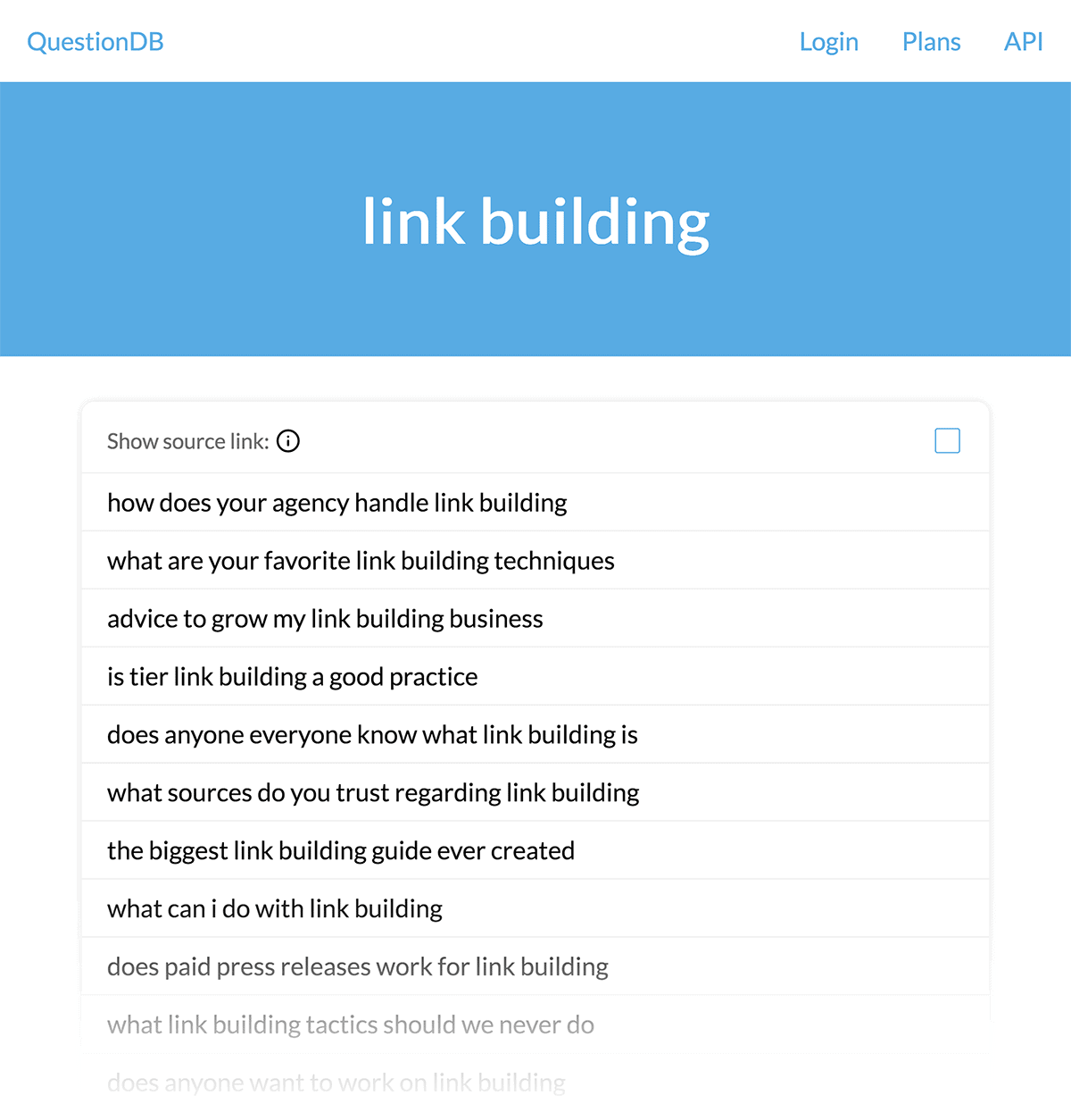 QuestionDB – 'link building' results