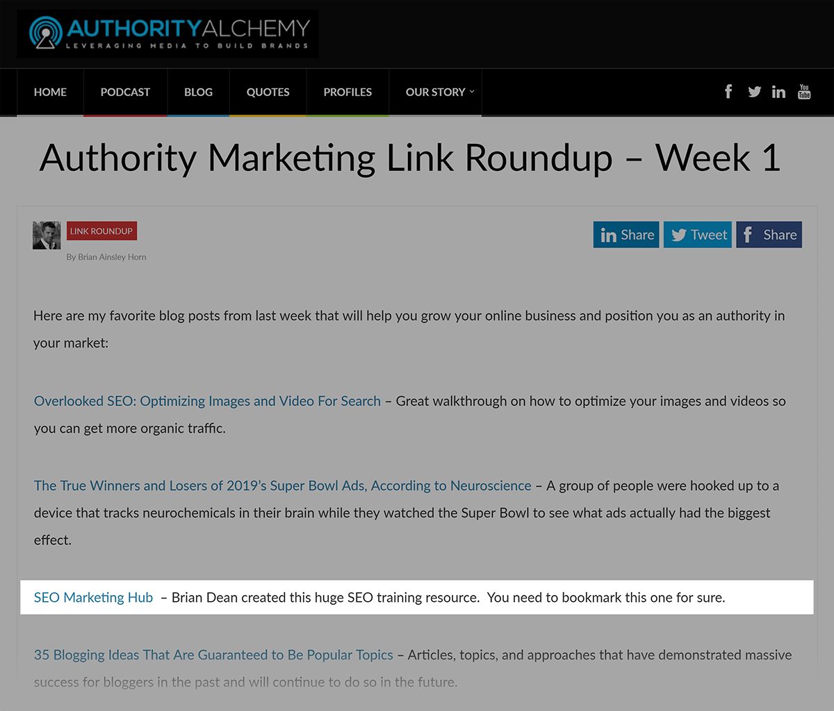 SEO Marketing Hub - Backlink from AuthorityAlchemy's link roundup